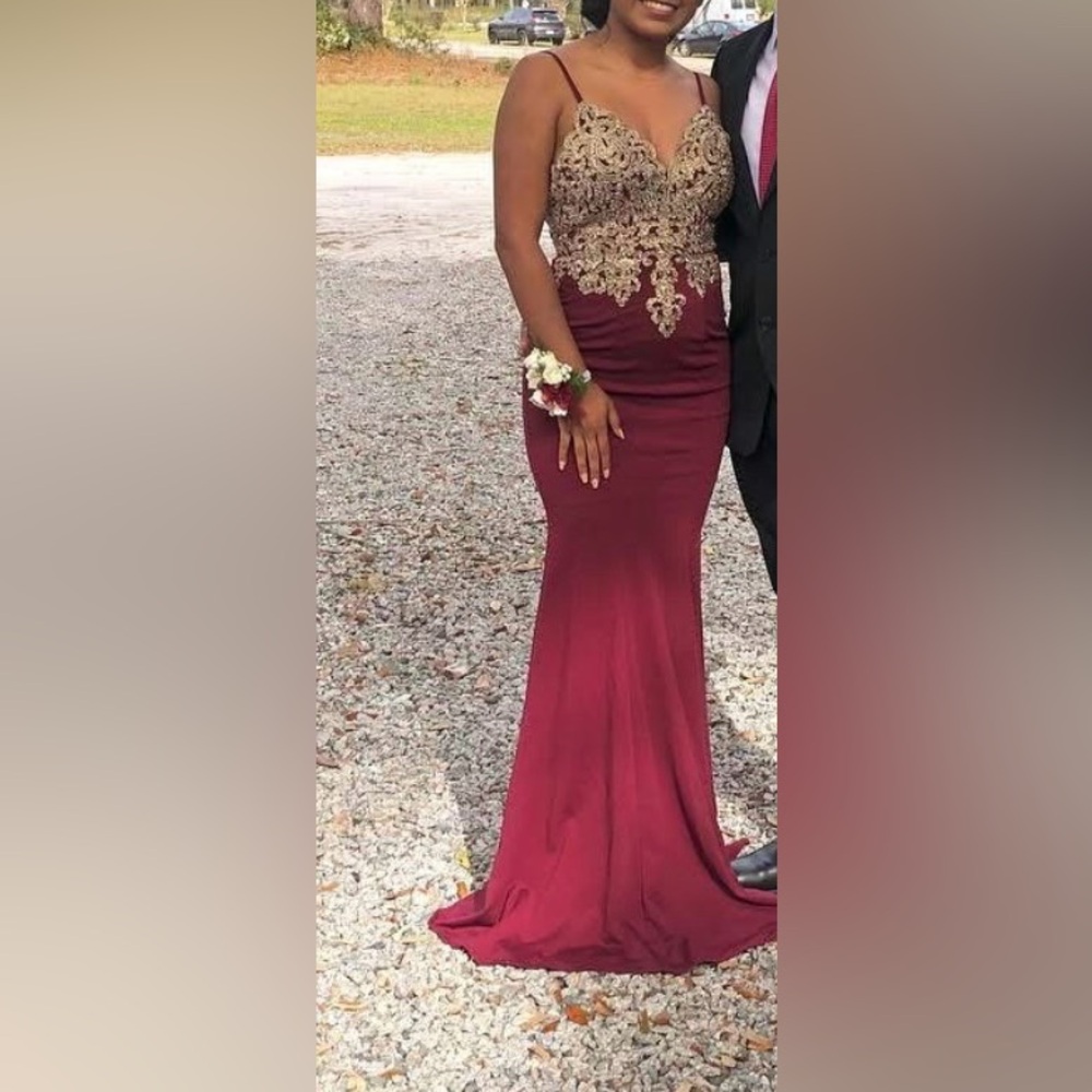 Elegant Burgundy and Gold Evening Gown